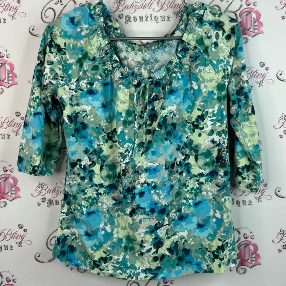 St. John's Bay long sleeve abstract tie up Teal and Lime Patterned Blouse